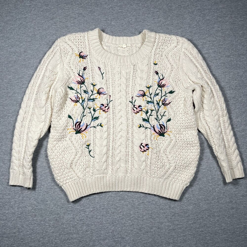 ODDY Pullover Womens S/M White Cable-Knit Floral Embroidered Sweater Crew Neck
